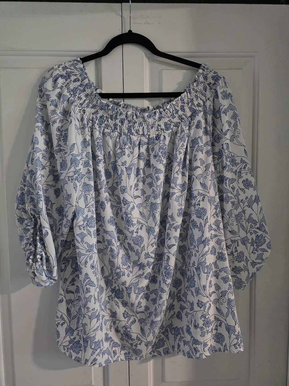 Women's Blue Floral Peasant Off The Shoulder Top